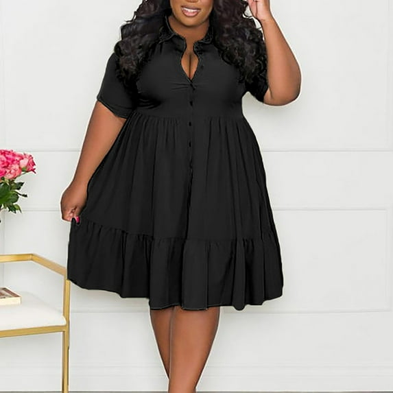 VSSSJ Women Plus Size Dresses Button Down Lapel Neck Short Sleeve Shirt Dress Summer Solid Color Slim Ruffle Hem Flowy Mini Dress Black XXXXL