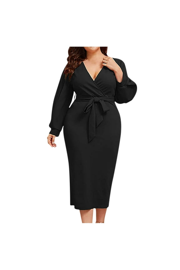 Women Plus Size Long Sleeve Belted Elegant Dresses Sexy V Neck Wrap Pure Color Split Party Cocktail Bodycon Midi Long Dress Black XXXXL