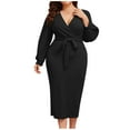 thumbnail image 1 of VSSSJ Women Plus Size Long Sleeve Belted Elegant Dresses Sexy V Neck Wrap Pure Color Split Party Cocktail Bodycon Midi Long Dress Black XXXXXL, 1 of 5