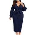 thumbnail image 1 of VSSSJ Women Plus Size Long Sleeve Belted Elegant Dresses Sexy V Neck Wrap Pure Color Split Party Cocktail Bodycon Midi Long Dress Navy XXXXL, 1 of 5