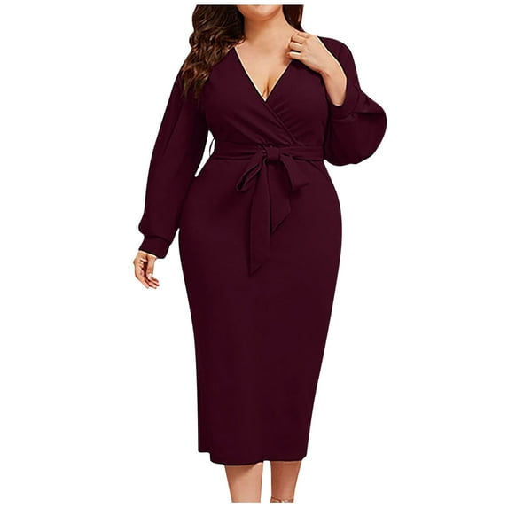 VSSSJ Women Plus Size Long Sleeve Belted Elegant Dresses Sexy V Neck Wrap Pure Color Split Party Cocktail Bodycon Midi Long Dress Wine XXXL