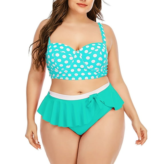 VSSSJ Plus Size Swimsuits for Women Polka Dot Print Vintage Two Piece Bathing Suits Push Up Bikini Top with Ruffle High Waist Bottoms
