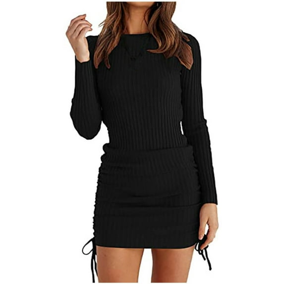 VSSSJ Women Ribbed Knitted Long Sleeve Ruched Bodycon Dresses Simple Solid Color Drawstring Crewneck Slim Mini Warm Sweater Dress Black S