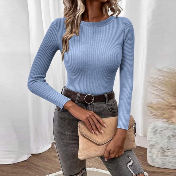 VSSSJ Women Ribbed Long Sleeve Crew Neck Classic Versatile Sweaters Casual Solid Color Slim Fit Basic Knit Pullover Sweater Tops Blue XL