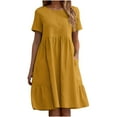thumbnail image 1 of VSSSJ Women Short Sleeve Round Neck Casual Dresses Empire Waist Solid Color Loose Swing Ruffle Cotton Linen Dress with Pockets Yellow S, 1 of 5