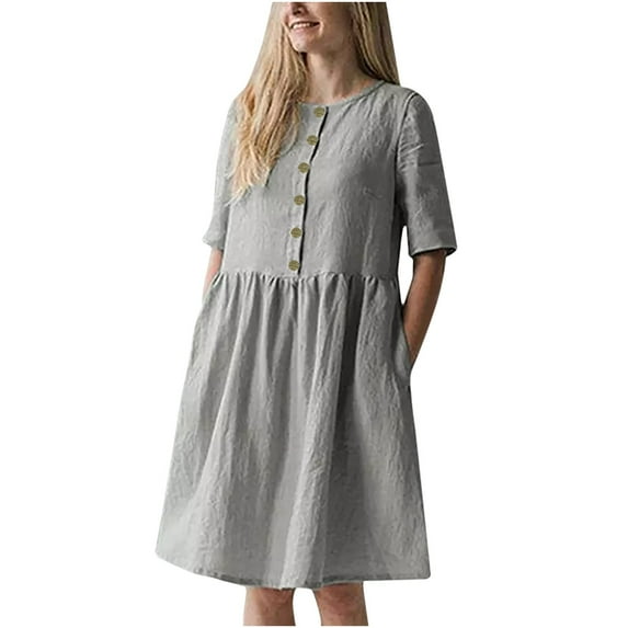 VSSSJ Women Solid Color Cotton Linen Casual Dresses Summer Loose Round Neck Buttons Ruched Short Sleeve Pockets Knee Length Retro Dress