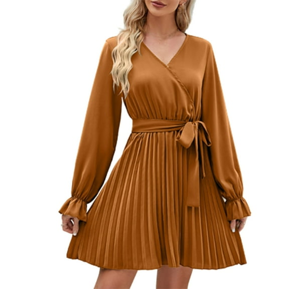 VSSSJ Women Spring Summer Long Sleeve Solid Color V-Neck Pleated Short Dresses Tie Waist Casual Cocktail Party Elegant Mini Dress