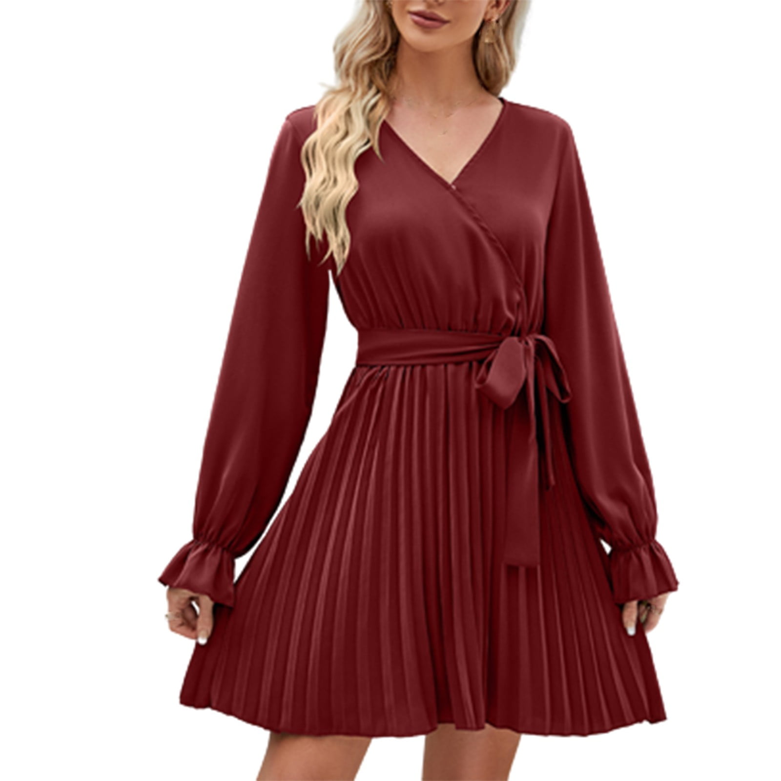 Women's Casual Long Sleeve V-Neck Dress - Loose Fit With Buttons & Tie Waist, Party & Office Wear