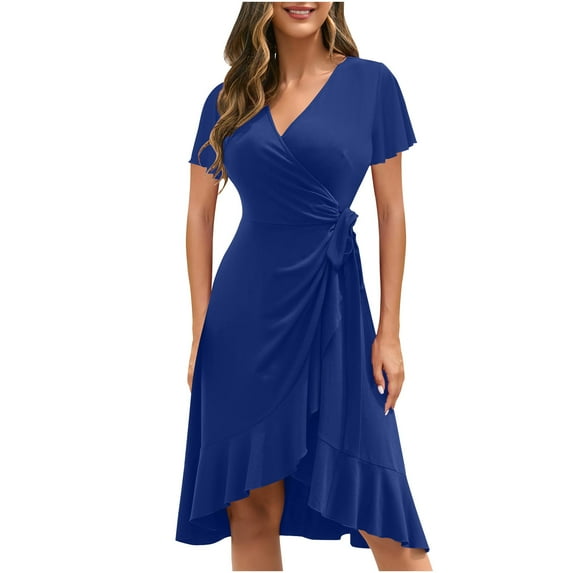 VSSSJ Women Spring Summer Wrap Midi Dress Casual V Neck Flutter Short Sleeve Tie Waist Long Dress Solid Color Ruffle Hem Slim Fit Dress