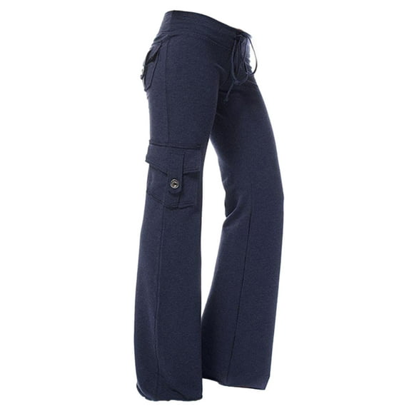 VSSSJ Women Stretch Workout Pants Loose Fit Solid Color Drawstring Elastic Waist Trousers with Button Multi-Pockets Casual Gym Yoga Wide Leg Pants Navy01 XS