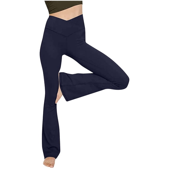 VSSSJ Women Stretchy Yoga Leggings Slim Fit Solid Color V Elastic Waist Wide Leg Sweatpants Comfortable Gym Workout Jogging Trousers Navy L