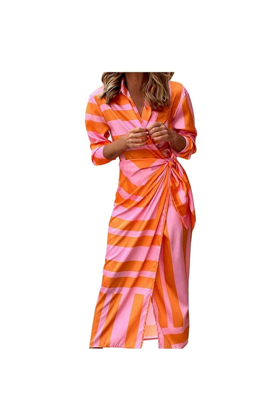 Women Striped Printed Casual Elegant Wrap Long Dresses Ruched Slim Tie Waist Vacation Long Sleeve V Neck Shirt Midi Dress Orange L