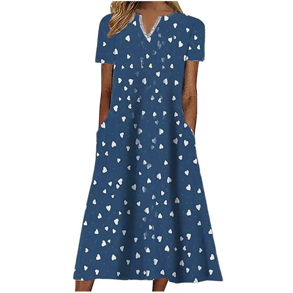VSSSJ Women Summer Casual Dresses Heart Printed V Neck Short Sleeve Loose Beach Vacation Swing Midi Long Shift Dress with Pockets