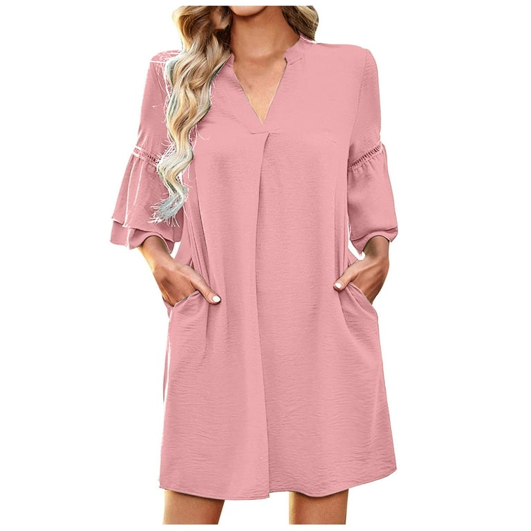 Summer solid color casual loose pockets mini dress clearance