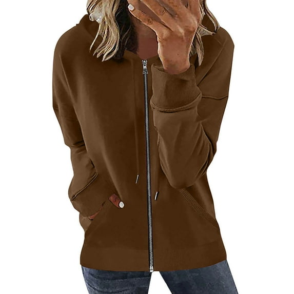 VSSSJ Women Zip Up Casual Simple Basic Solid Color Sweatshirt Long Sleeve Loose Comfy Fall Winter Hooded Outerwear Coat with Pockets Brown S
