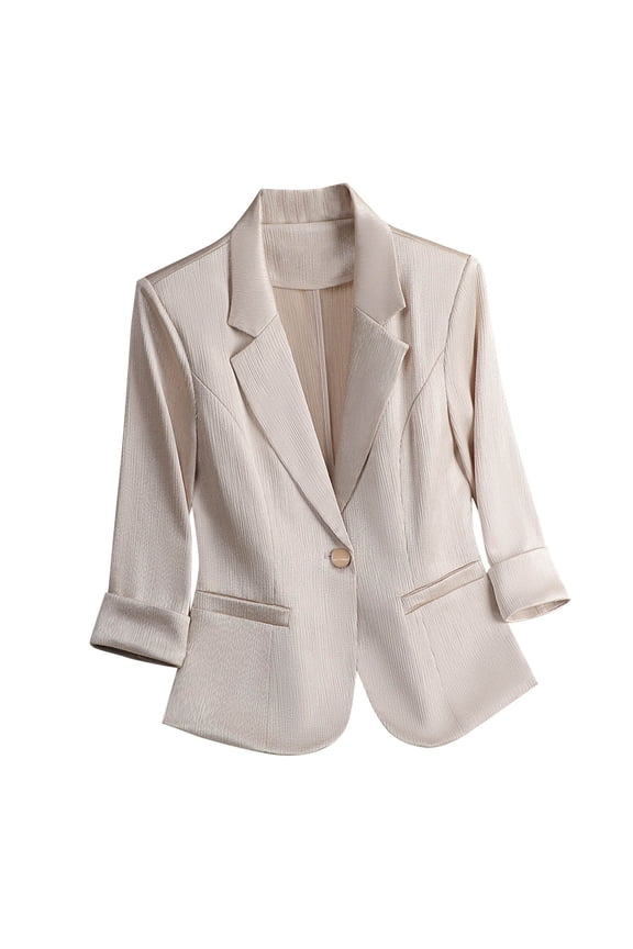 Women's 3/4 Sleeve Blazer Jacket Notch Lapel Button Textured Slim Fit Stylish Blazers Business Work Suit Coat with Pocket Beige S