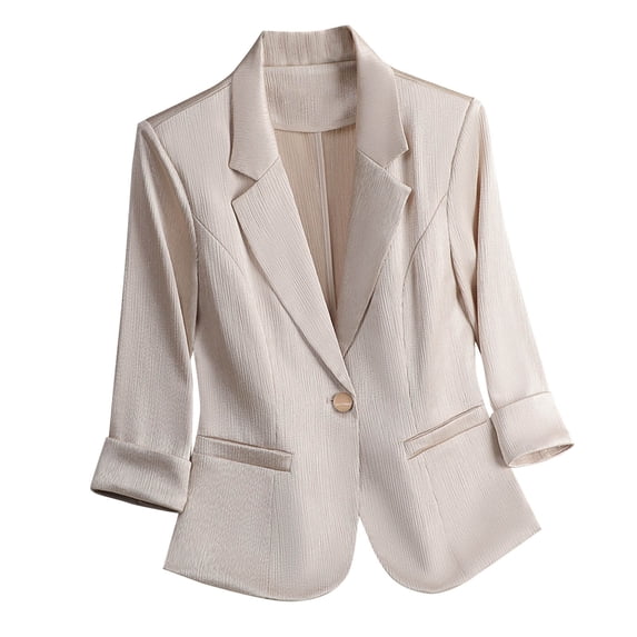 VSSSJ Women's 3/4 Sleeve Blazer Jacket Notch Lapel Button Textured Slim Fit Stylish Blazers Business Work Suit Coat with Pocket Beige XXXL