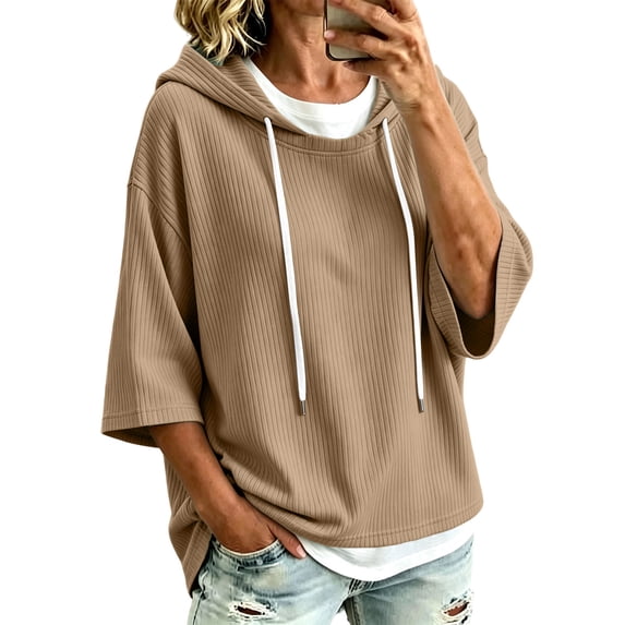 VSSSJ Women's 3/4 Sleeve Hooded Sweatshirt Loose Fit Batwing Sleeve Ribbed Textured Lightweight Fall Casual Pullover Shirt Tops XXL