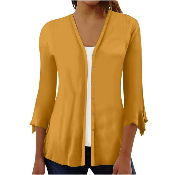 VSSSJ Women's 3/4 Sleeve Ruffle Open Front Button Down Cardigans Casual Solid Color V Neck Lightweight Soft Draped Blouse Tops Gold L