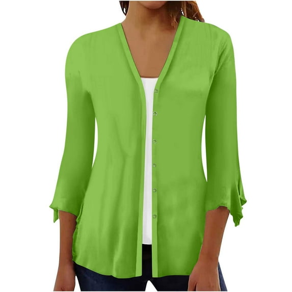 VSSSJ Women's 3/4 Sleeve Ruffle Open Front Button Down Cardigans Casual Solid Color V Neck Lightweight Soft Draped Blouse Tops Green S