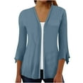 thumbnail image 1 of VSSSJ Women's 3/4 Sleeve Ruffle Open Front Button Down Cardigans Casual Solid Color V Neck Lightweight Soft Draped Blouse Tops Light Blue S, 1 of 3