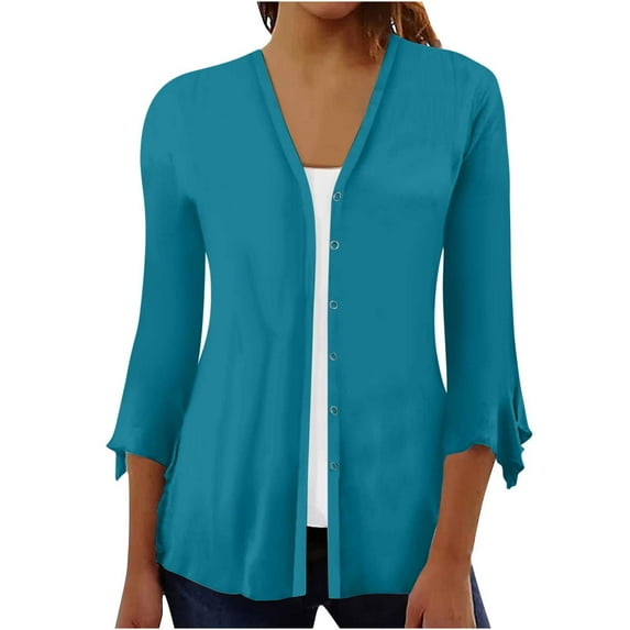 VSSSJ Women's 3/4 Sleeve Ruffle Open Front Button Down Cardigans Casual Solid Color V Neck Lightweight Soft Draped Blouse Tops Sky Blue S