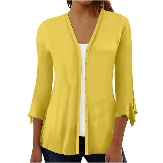 VSSSJ Women's 3/4 Sleeve Ruffle Open Front Button Down Cardigans Casual Solid Color V Neck Lightweight Soft Draped Blouse Tops Yellow XXL