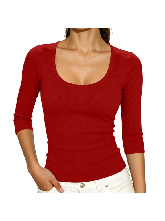 Women's 3/4 Sleeve Shirts Casual Ribbed Fitted U Neck Three Quarter Sleeve Solid Color Basic Stretchy Slim Base Layer Tops Red M