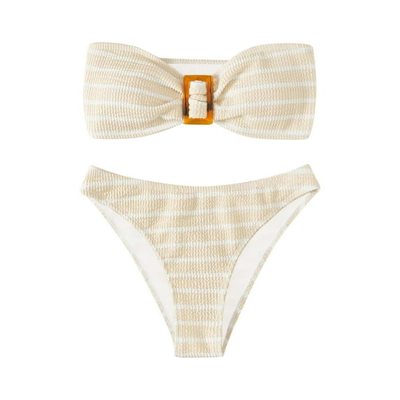 VSSSJ Women's Bandeau Bikini Set Two Piece Smocked Striped Printed Swimsuits Off Shoulder Bathing Suit with High Waisted Bottoms