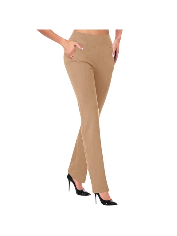 Women's Bell Bottom Trousers Slim Fit Knitted Micro Elastic Waistband Solid Color Straight Pants Fashion Elegant Work Long Pants Khaki M