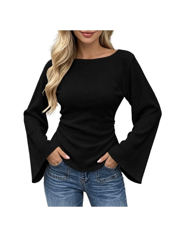 Women's Bell Sleeve Tunic Tops Boat Neck Long Sleeve Ribbed Textured Side Ruched Slim Fit Casual Elegant Work Party Blouse Black S