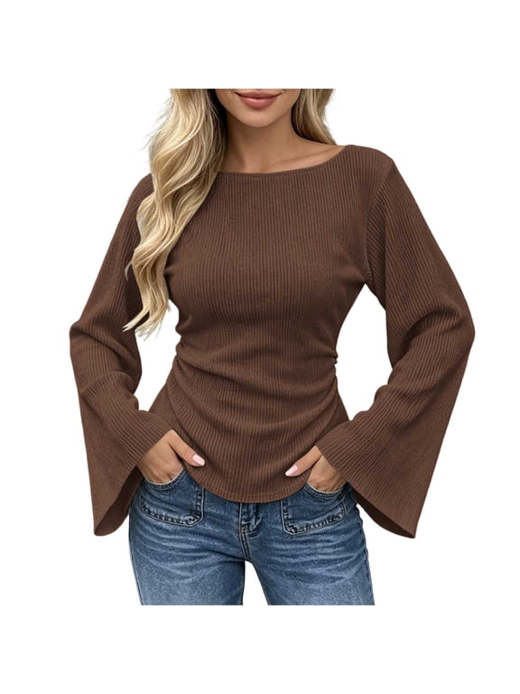 Women's Bell Sleeve Tunic Tops Boat Neck Long Sleeve Ribbed Textured Side Ruched Slim Fit Casual Elegant Work Party Blouse Brown L