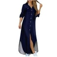 thumbnail image 1 of VSSSJ Women's Button Down Shirt Maxi Dresses Solid Color Casual Long Sleeve Turndown Collar Split Swing Loose Beach Long Dress Navy XXXXL, 1 of 4