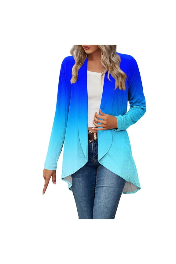 Women's Cardigan Gradient Print Casual Irregular Hem Duster Cardigan Open Front Lightweight Drape Long Sleeve Cardigans Blue XXL