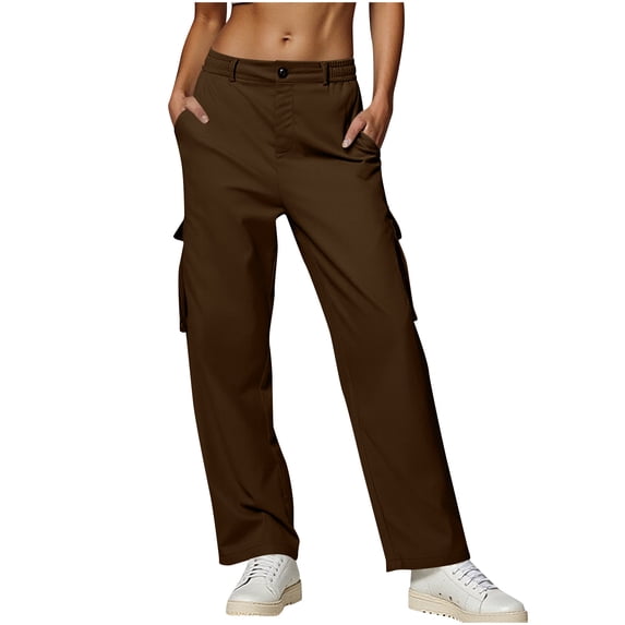 VSSSJ Women's Cargo Pants Casual Straight Leg Button Pocket Work Pants Stretch Waist Comfortable Outdoor Hiking Travel Trousers Brown M