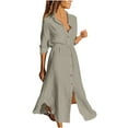 thumbnail image 1 of VSSSJ Women's Casual Button Down Solid Color Shirt Long Dresses Long Sleeve Lapel Drawstring Split Flowy Midi Cotton Linen Dress Khaki XXXXL, 1 of 8