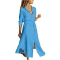 thumbnail image 1 of VSSSJ Women's Casual Button Down Solid Color Shirt Long Dresses Long Sleeve Lapel Drawstring Split Flowy Midi Cotton Linen Dress Sky Blue S, 1 of 8