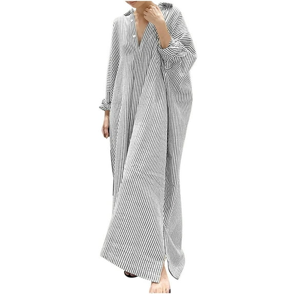 VSSSJ Women's Casual Long Sleeve Button Down Maxi Dresses Striped Printed Lapel Loose Comfy Vacation Swing Cotton Long Shirt Dress Gray L