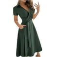 thumbnail image 1 of VSSSJ Women's Casual Loose Short Sleeve Solid Color V-Neck Wrap Midi Dresses Slim Elegant Tie Waist A Line Long Dress with Pockets, 1 of 6