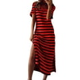 thumbnail image 1 of VSSSJ Women's Casual Loose Striped Printed Tshirt Long Dresses Short Sleeve V Neck Side Split Swing Maxi Summer Beach Sun Dress, 1 of 4