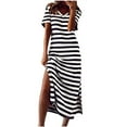 thumbnail image 1 of VSSSJ Women's Casual Loose Striped Printed Tshirt Long Dresses Short Sleeve V Neck Side Split Swing Maxi Summer Beach Sun Dress, 1 of 4
