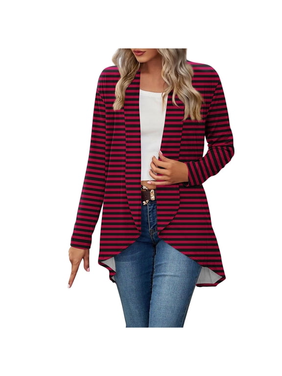 Women's Casual Open Front Cardigan Long Sleeve Irregular Hem Drape Cardigans Striped Print Lightweight Soft Duster Cardigan Wine M