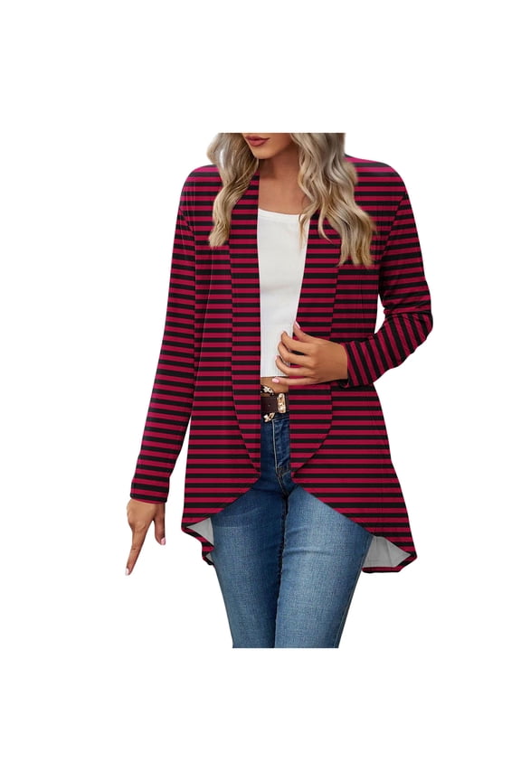 Women's Casual Open Front Cardigan Long Sleeve Irregular Hem Drape Cardigans Striped Print Lightweight Soft Duster Cardigan Wine S