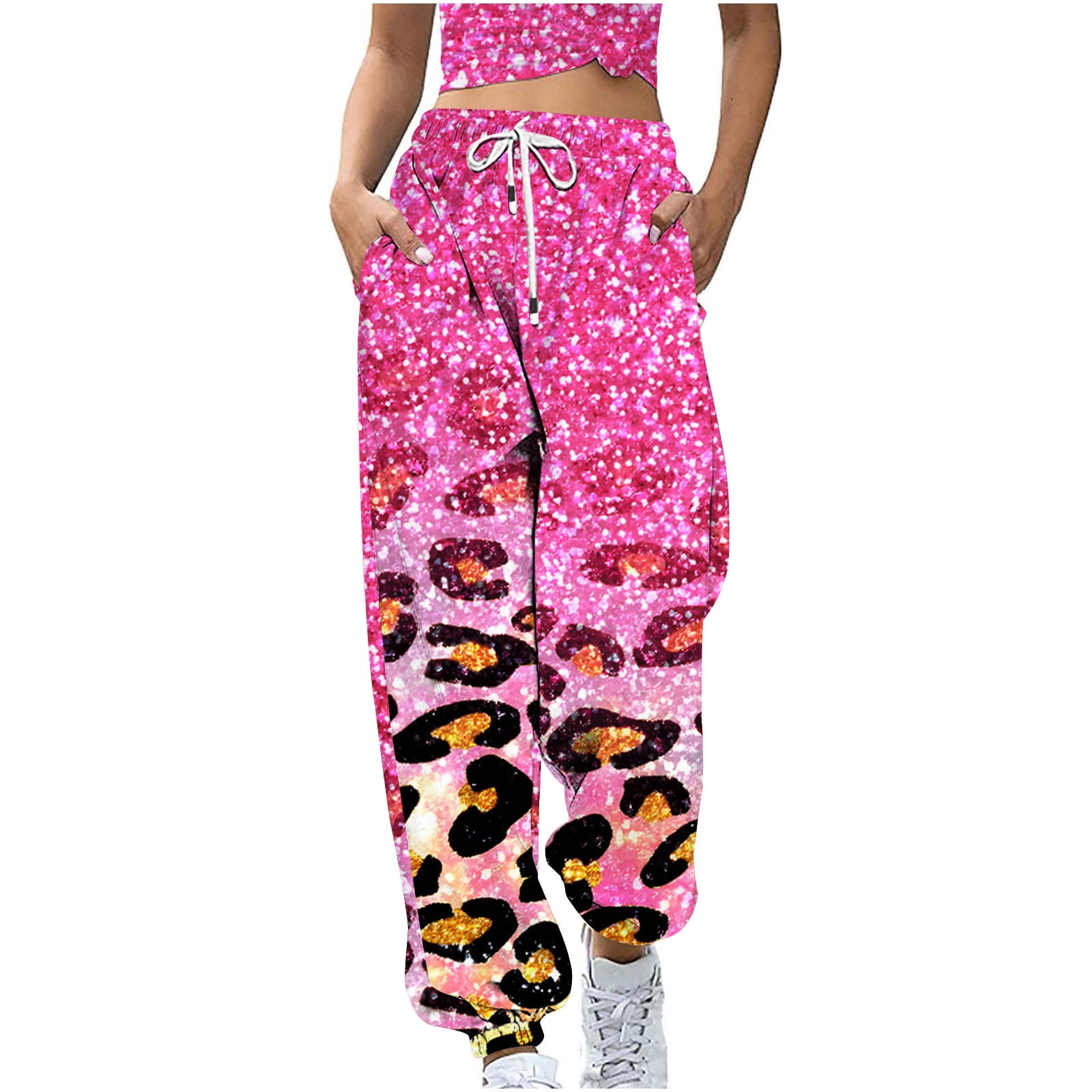 VSSSJ Women s Casual Sweatpants Fitted Gradient Leopard Print Drawstring High Waist Long Pants Leisure Stylish Baggy Comfortable Streetwear Pink L Walmart