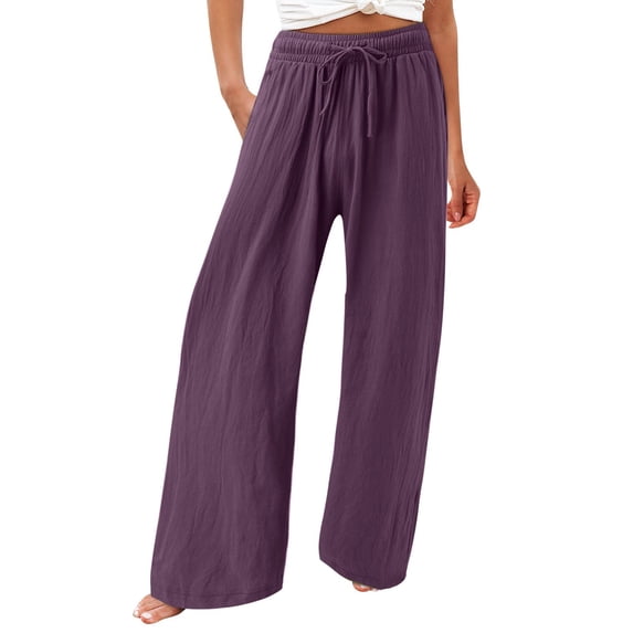 VSSSJ Women's Casual Wide Leg Trousers Loose Fit Button Solid Color High Waist Straight Long Pants Fashion Daily Jogging Pants with Pockets Purple M