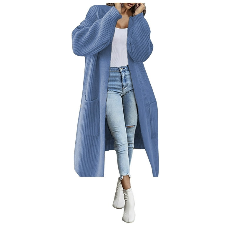 Vsssj Women s Chunky Knit Draped Long Sleeve Cardigan Casual Loose Solid Color Classic Warm Midi Sweater Outwear Coat with Pockets Light Blue XL