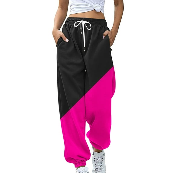 VSSSJ Women's Color Block Patchwork Sweatpants Relaxed Drawstring High Elastic Waist Baggy Pants Fall Winter Everyday Jogging Streetwear Hot Pink XXXL
