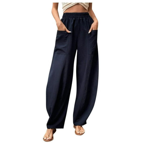 VSSSJ Women's Cotton and Linen Baggy Pants Loose Fit Solid Color Elastic Waist Wide Leg Trousers with Double Pockets Fashion Spring Summer Casual Long Pants Navy M