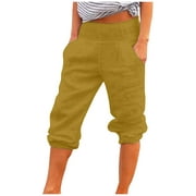 VSSSJ Women's Cotton and Linen Capris Pants Loose Fit Elastic Waist Solid Color Straight Seven Point Pants Casual Baggy Breathable Soft Pants Yellow XL