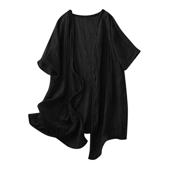 VSSSJ Women's Cotton Linen Long Cardigan Open Front Short Sleeve Loose Casual Pocket Lightweight Summer Beach Cover Up Cardigan Black L